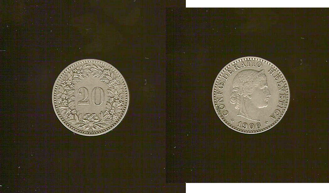 SUISSE 20 Centimes (Rappen) Helvetia 1906 Berne TTB